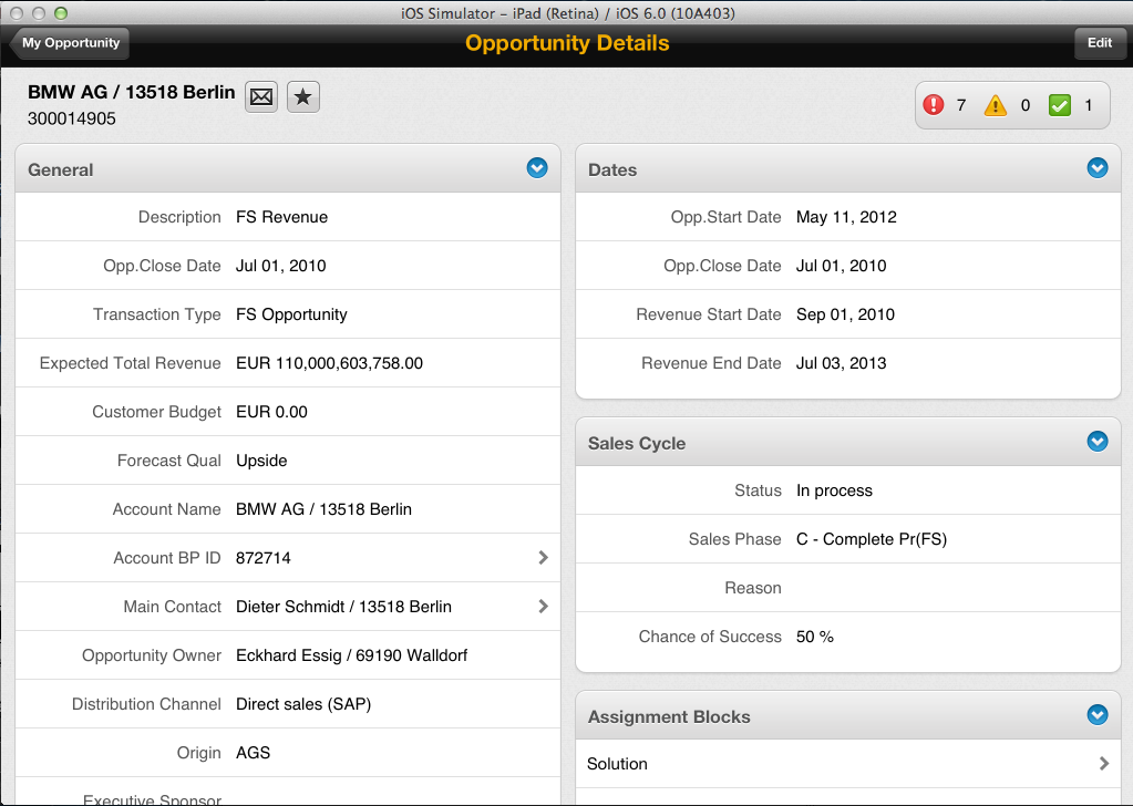 CRM@SAP Mobile Sales iPad